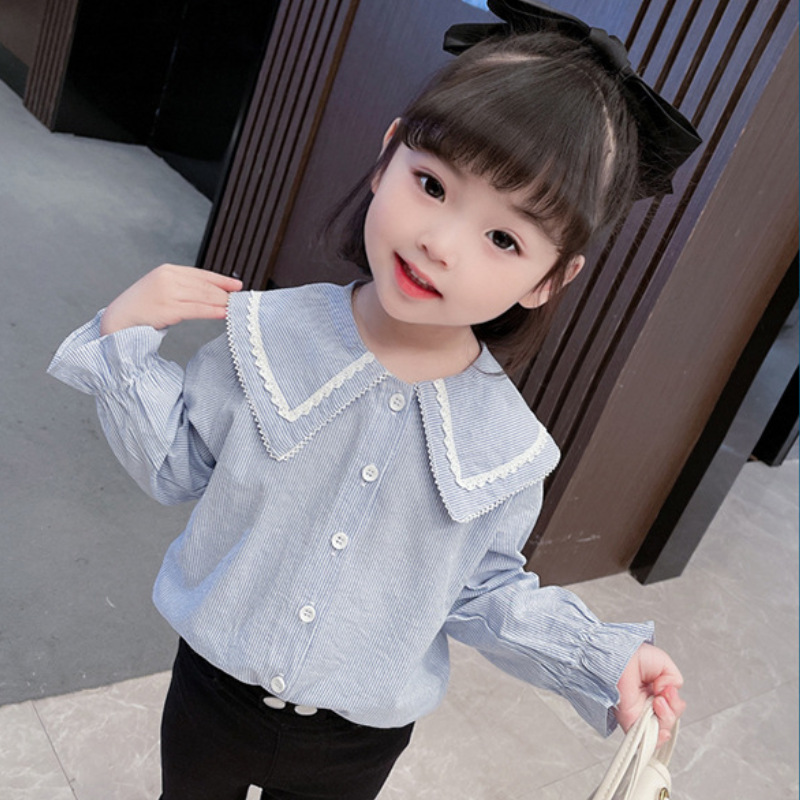 Girls' cotton shirt spring and autumn clothing Primary School girls' blue long-sleeved shirt middle and big children's shirt shirt