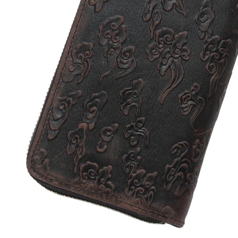 Shi Cangxin Vintage Crazy Horse Leather Dragon Pattern Wallet Embossed Genuine Leather Clutch Embossed Tiger Pattern Chain Card Bag