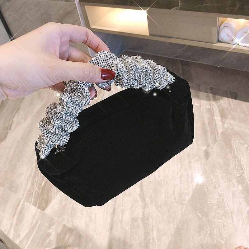 King Velvet Bag Internet Celebrity Same Style Portable Diamond-encrusted Small Bag Flash Diamond Evening Bag Black Hand-carried Bag Women's Banquet Bag