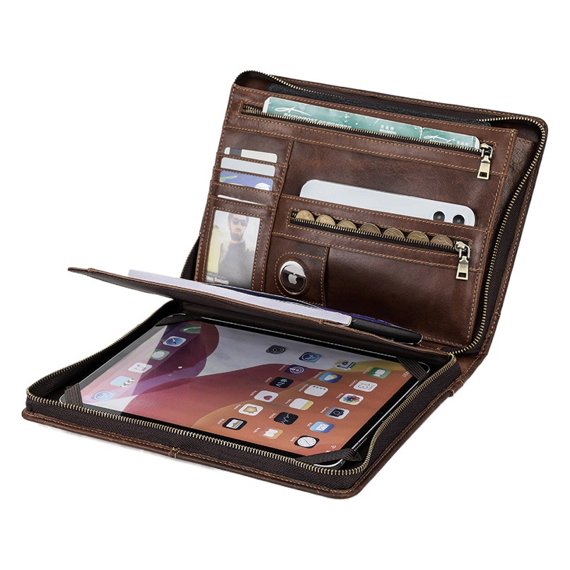 Suitable for ipadpro Leather Protective Case Anti-fall Retro Style Multi-functional Portable iPad Case with Airtag