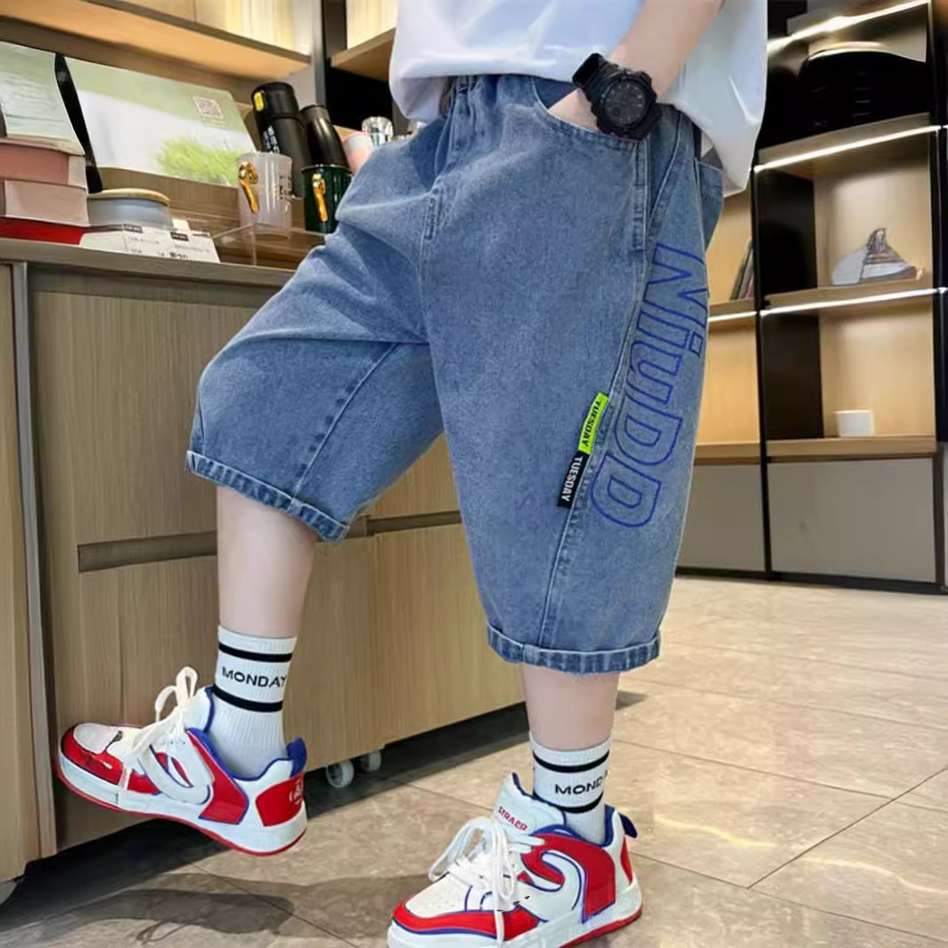 Summer Boys' Thin Printed Shorts Loose Pants Medium and Large Children's Jeans Casual Pants Trousers Fashion Joker