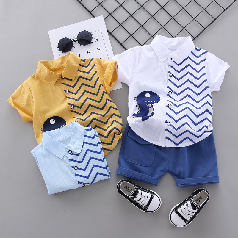 Foreign trade children summer new Korean cartoon dinosaur short sleeve shirt shorts two-piece tide a generation of hair tide
