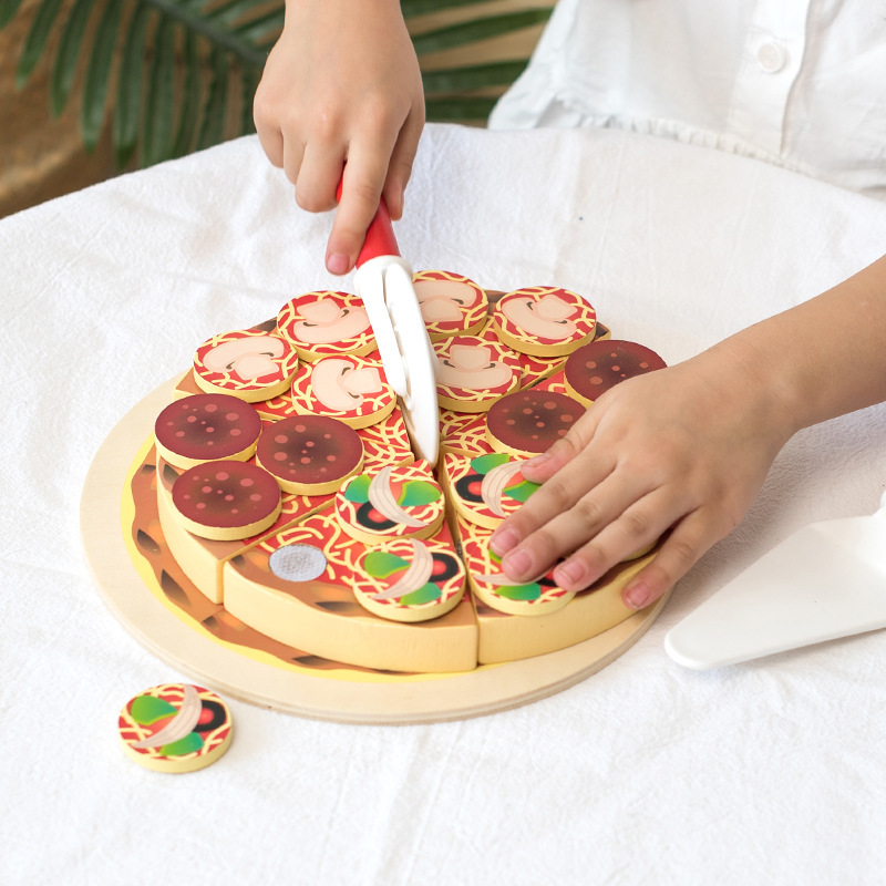 Picture of Wooden simulation pizza cut to see children play house kitchen toys boys and girls food cut to joy birthday gift