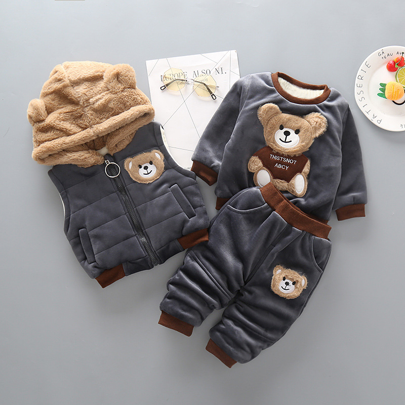 Foreign Trade Winter New Style Velvet Thickeneding for Boys and Girls Baby Winter Clothing Bear Three-Piece Cotton Coat Trendy One-Piece Drop Shipping