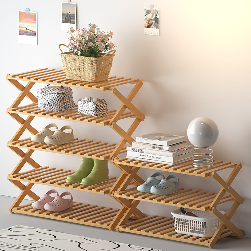 Picture of Bamboo Shoe Cabinet Simple Shoe Rack Space-Saving Foldableable Home Entry Small Shoe Rack Dormitory Door Storage Rack