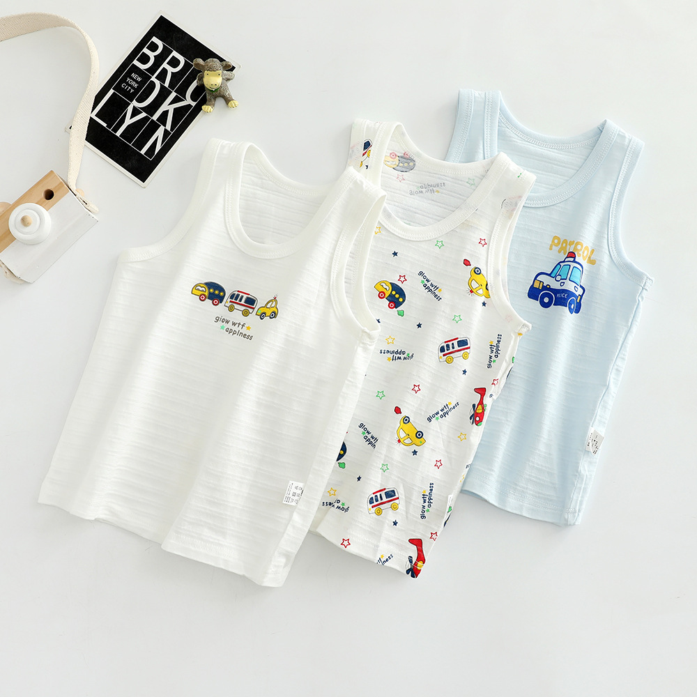 Picture of 3 PCs Summer Slub Cotton Children's Vest Boys and Girls Baby 100 Cotton Cartoon Sleeveless Base Pajamas Lightweight Breathable