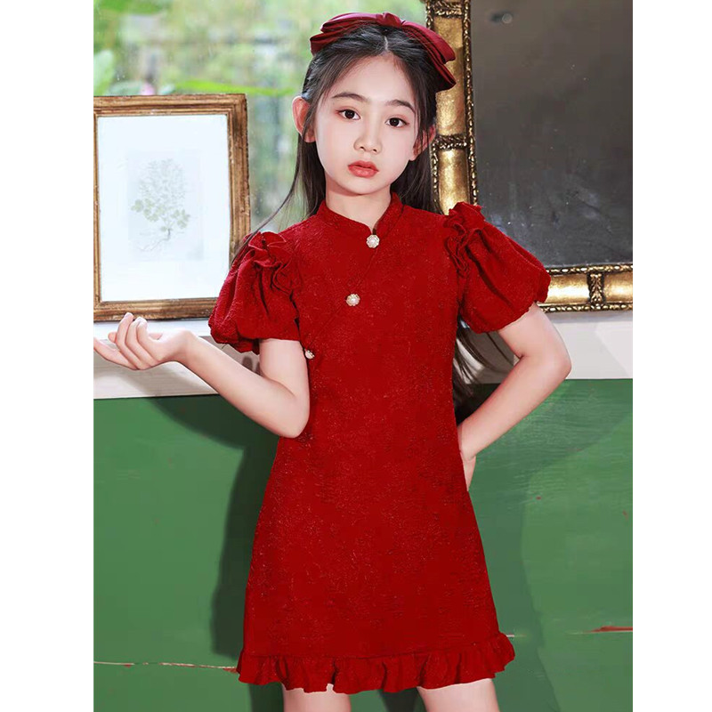 Girls' Cheongsam Summer Dress Retro Princess Dress New Chinese Style Red Kidsren's Dress Summer Girl Performance Dress