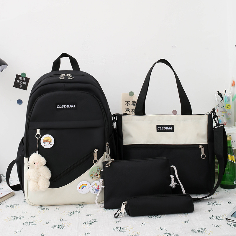 Picture of Schoolbag Female College Student Korean-style Cute Bear Pendant Backpack Senior high school Student Campus Canvas Four-piece Backpack