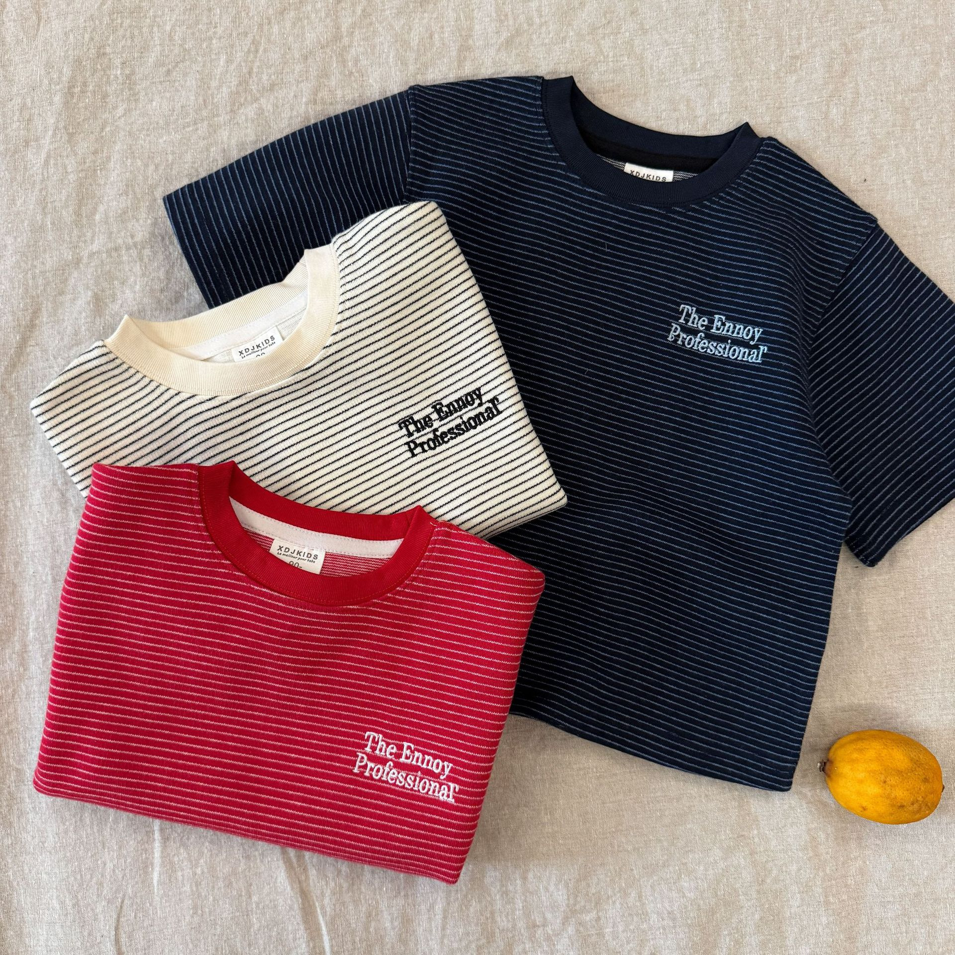Children's T-shirt 2025 summer new arrival boys and girls pinstripe letter print round neck baby casual short sleeve fashion