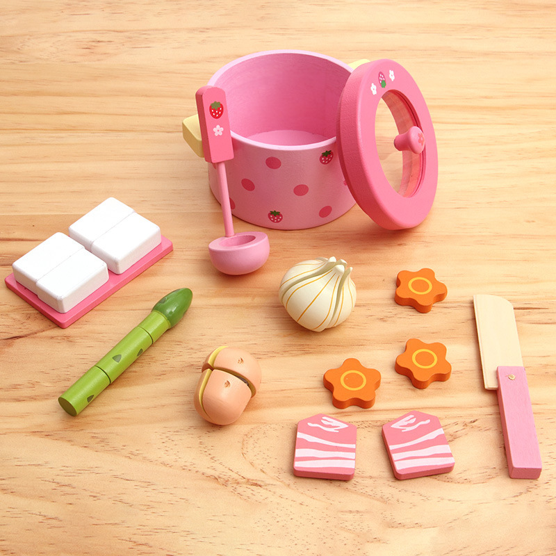 Wooden Pretend Play Vegetable Hot Pot with Cutting Board and Kitchen Utensils Set for Children