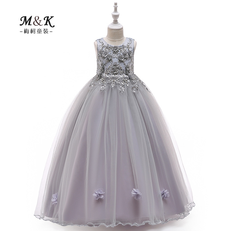 Picture of 2024 New Children's Long Dress Flower Beaded Grey Princess Dress Girl's Show Wedding Dress