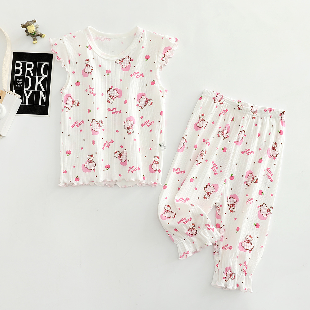 Picture of Children's short sleeve cropped pants set pure color female baby air conditioning home clothing 100 cotton thin bottoming shirt wholesale