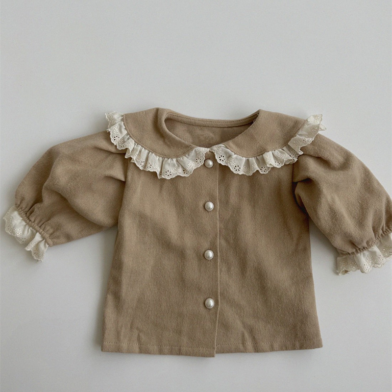 Picture of Ins Girls' Baby Spring New Style Shirt Top Western Style Lace Lace Long Sleeve Girls' Cardigan Shirt