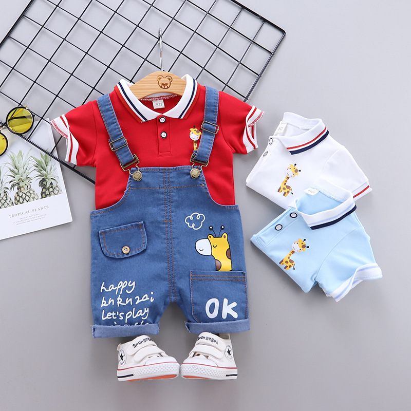 Baby suit Korean style summer new medium and small children baby Western style lapel T-shirt cartoon suspender pants suit generation hair