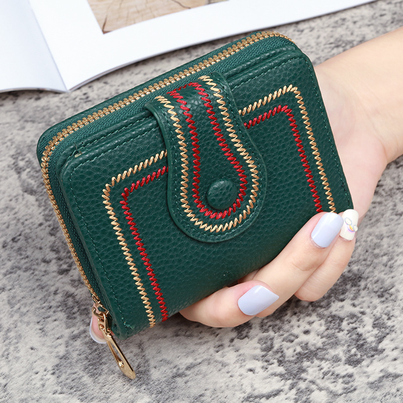 Picture of New Korean Women's Short Bag Zipper Buckle Wallet Lychee Embroidered Solid Color Coin Purse ID Card Bag