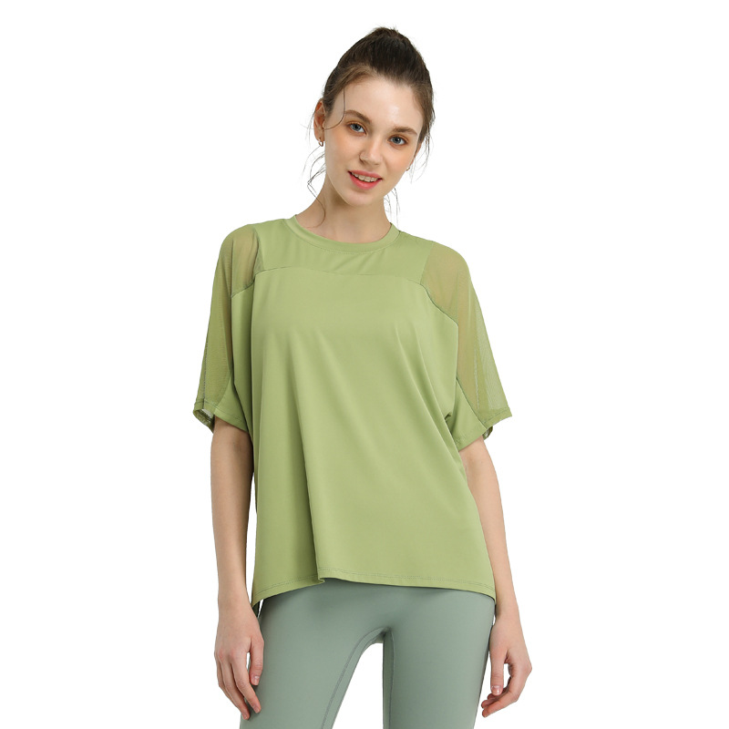 Picture of European and American Quick-drying Hip Covering Loose Running Blouse T-shirt Mesh Stitching Sports Short-sleeved Fitness Yoga Clothing Women's Summer