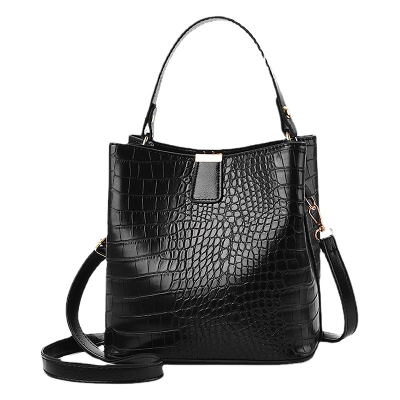 2024 Solid Color Fashionable Crocodile Pattern Embossed Shoulder Bag Casual Temperament High Quality Crossbody Bucket Bag Dropshipping