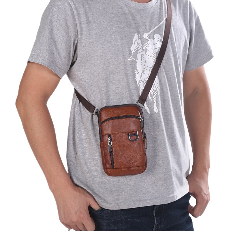 New Cowhide Waist Bag Men's Fashion with Shoulder Strap Multi-Layer Large Capacity Coin Purse Portable Zipper Mobile Phone Waist Bag
