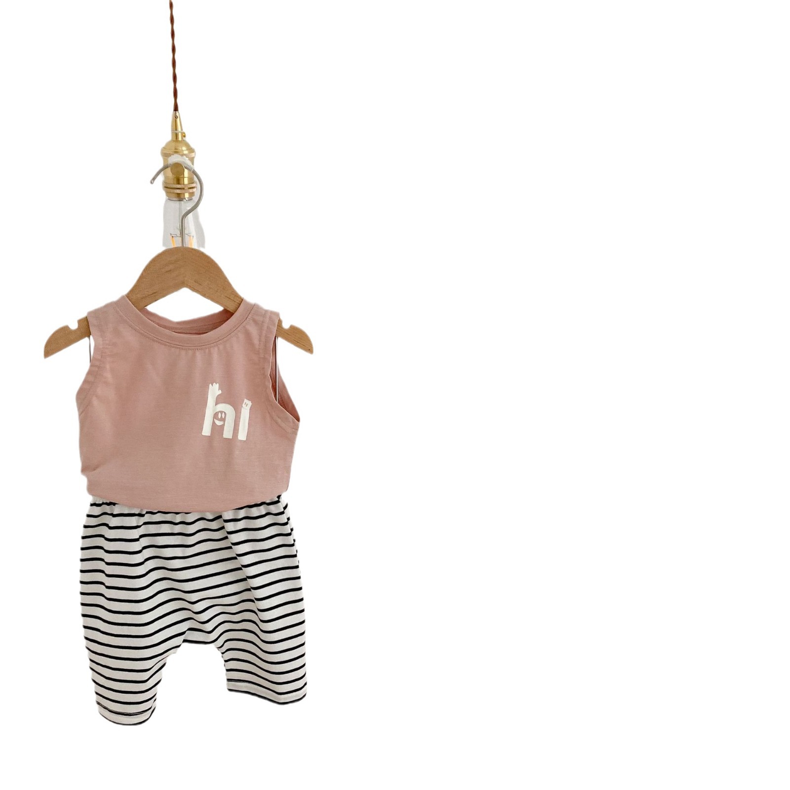 Picture of Ins Children's Clothing 2025 Summer Style Baby Male and Female Baby 0-2 Years Old Hi Printed Vest + Stripesd Shorts Cotton Suit