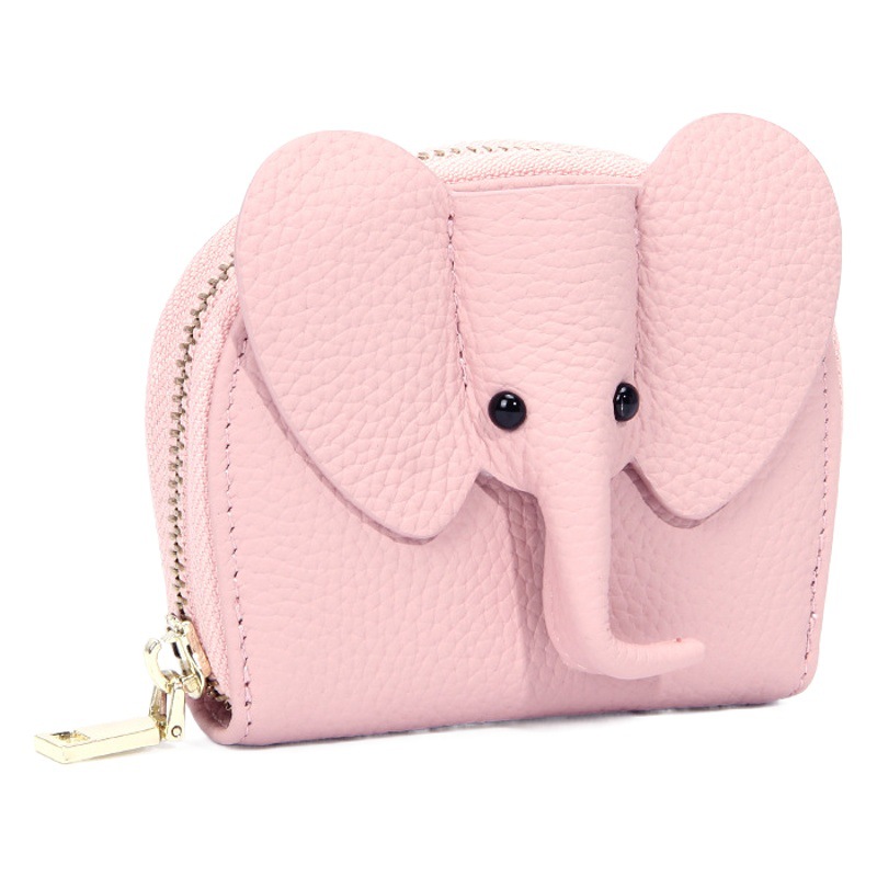 INS creative personalized elephant zipper wallet genuine leather organ card holder large capacity solid color multi-card ID card holder