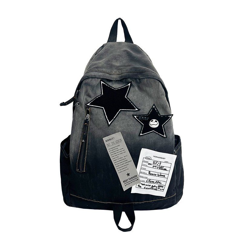 Picture of New original gradient denim star backpack junior high and high school college students vintage school bag versatile travel backpack