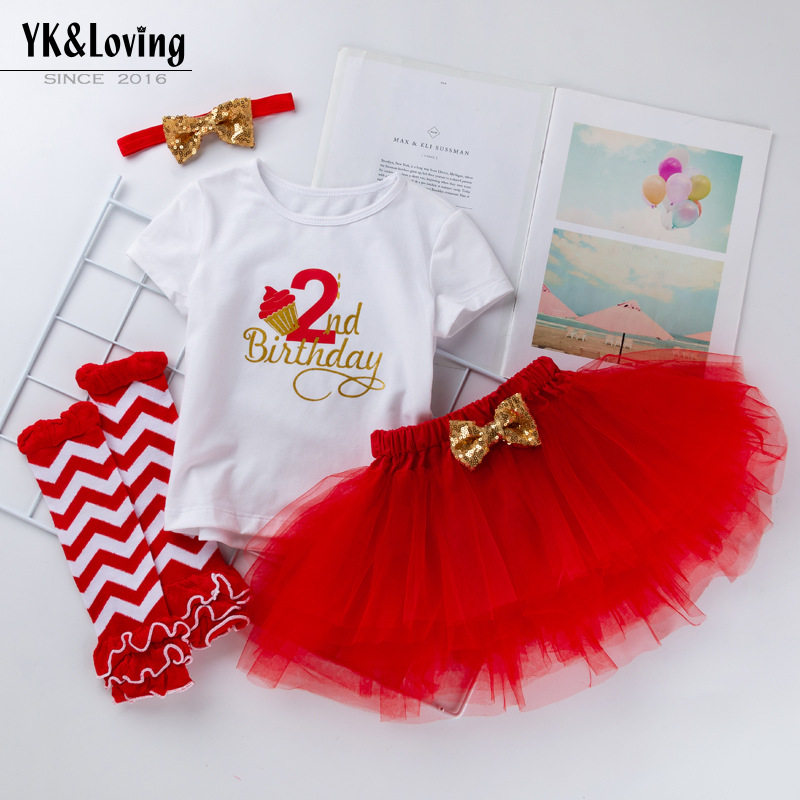 Picture of Cross-border Amazon European and American baby girls' birthday clothes 4-piece letter short-sleeved T-shirt princess dress socks suit