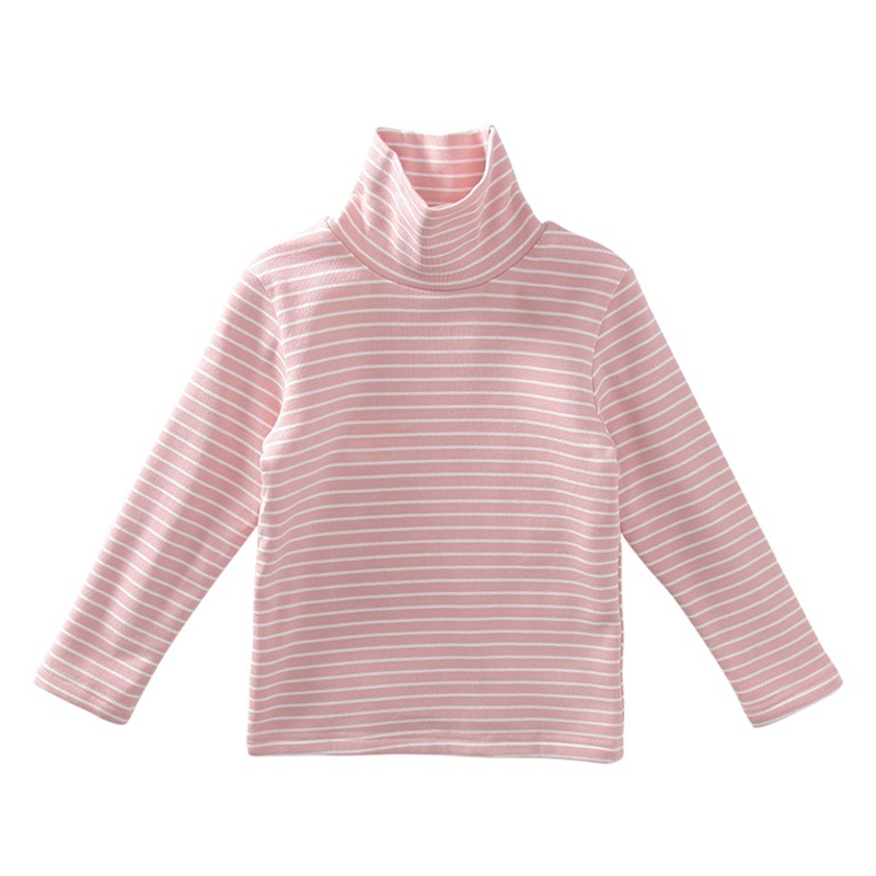 Children's Winter Girls' Base Shirt Autumn Outfit for Older Children, German Velvet Striped High-Neck Fleece Top, Children's Warm Top