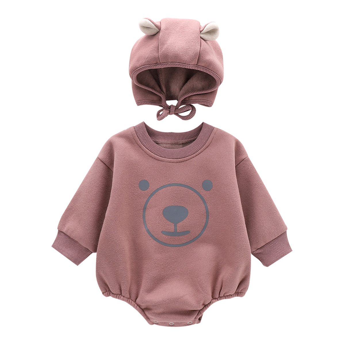 Picture of ins Children's Clothing Spring and Autumn One-piece Hattie Cute Printed Bear Long-sleeved Sweatshirt Bag Fart Clothes Baby Climbing Clothes Hat