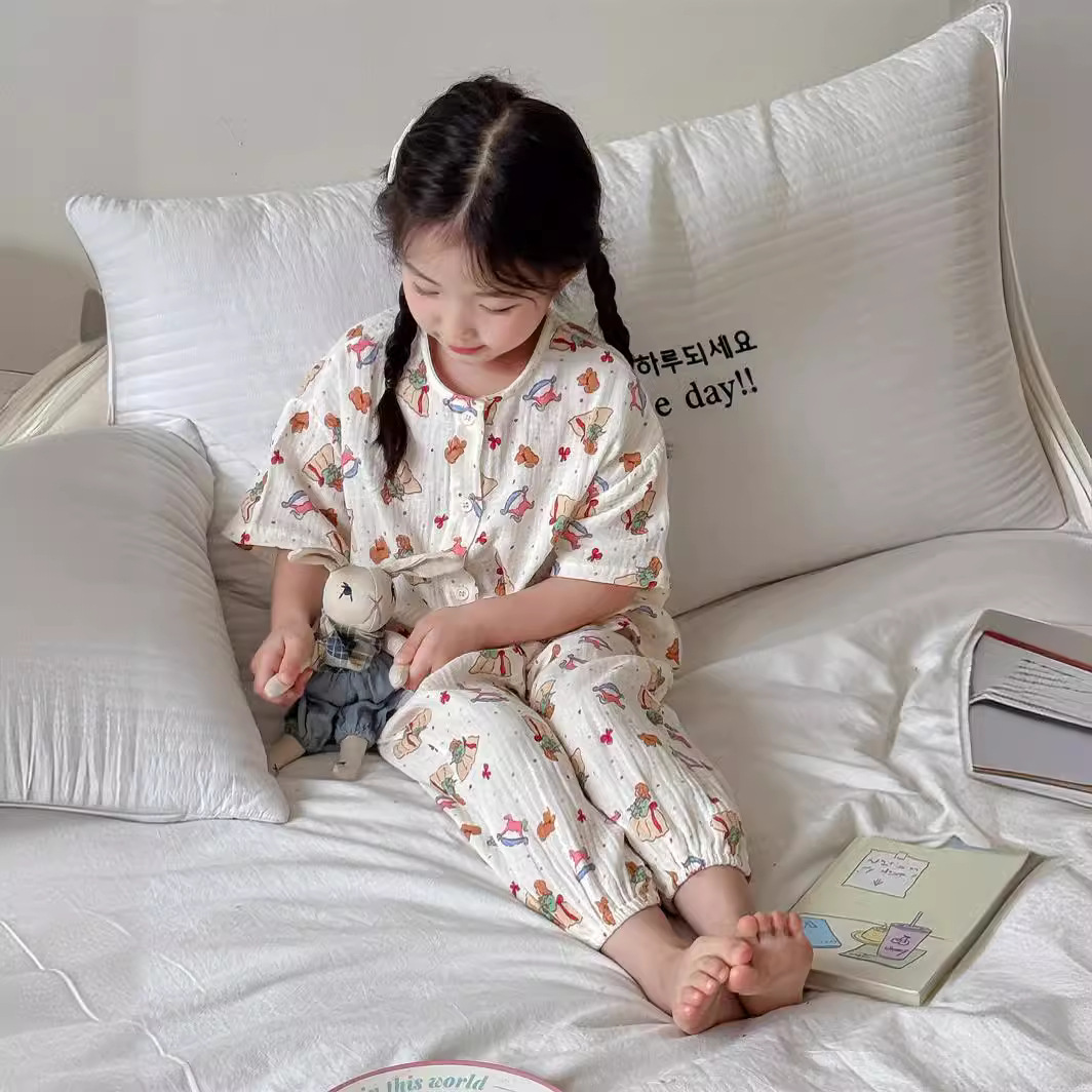 Children's Pajamas Home Clothes Summer Thin New Boys and Girls Cotton Yarn Pajamas suit Baby's Short-sleeved Trousers Air-conditioning Clothes