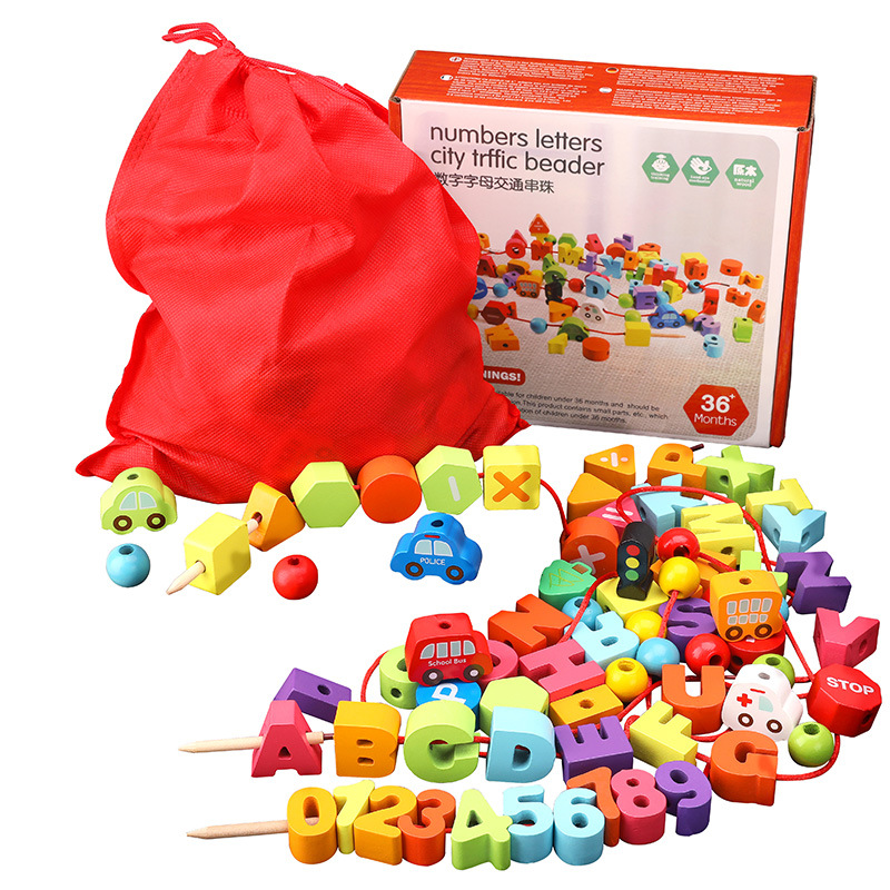Picture of Wooden Balls Wooden 100 Pieces Number Letters City Transportation Fruit and Vegetable Farm Kidsren's Beaded Game Toys