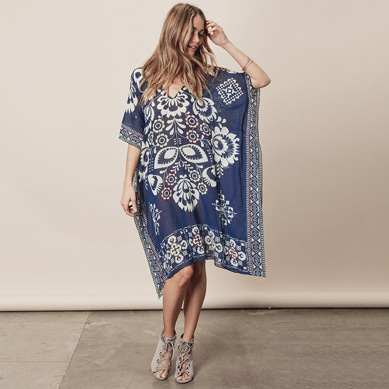 Picture of Amazon new navy blue positioning flower chiffon V-neck loose bikini blouse beach skirt swimsuit coat women's cover