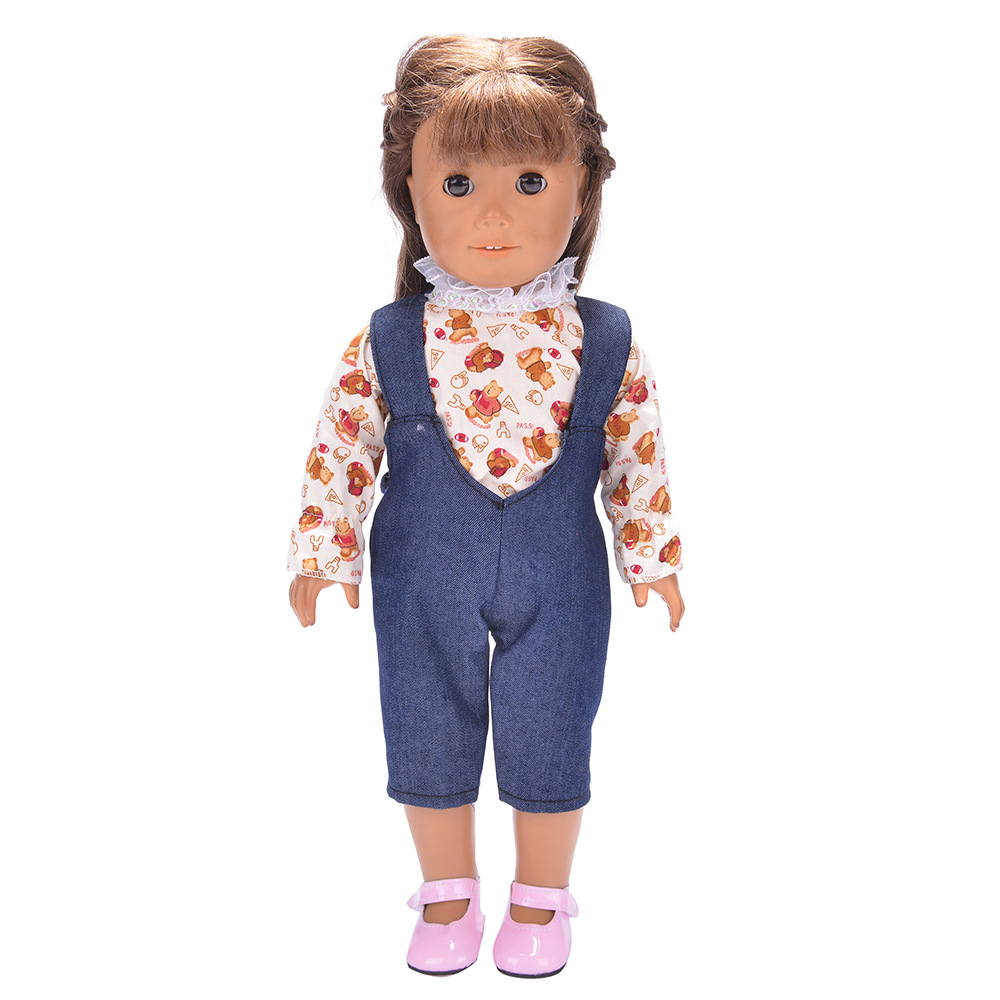 Picture of New 18 inch American doll accessories denim suspenders 43cm summer doll clothes set factory straight hair