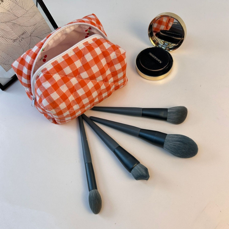 Picture of Sweet Cherry Printed Cosmetic Bag Plaid Fabric Macaron Color Makeup Bag Girl's Toiletries Storage Bag