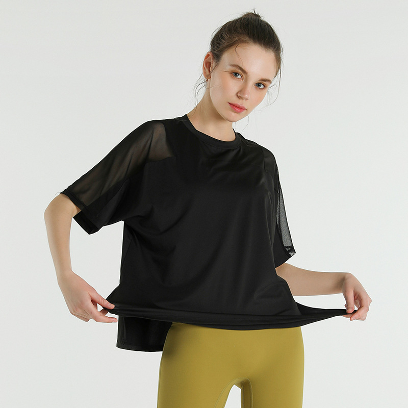 Picture of European and American Quick-drying Hip Covering Loose Running Blouse T-shirt Mesh Stitching Sports Short-sleeved Fitness Yoga Clothing Women's Summer