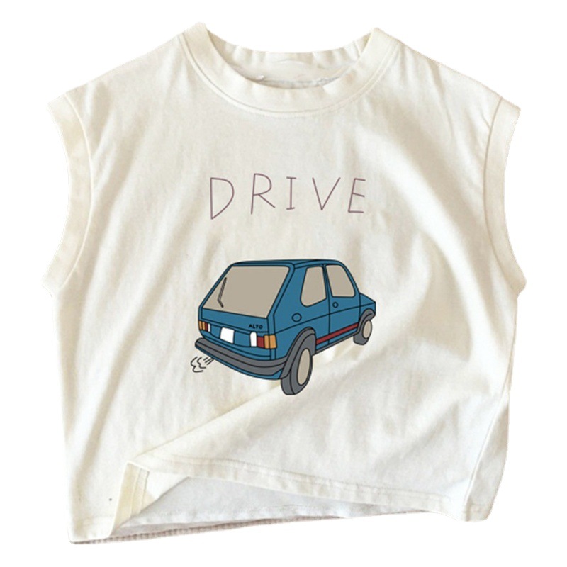 Pure Cotton Baby Kidsren's Sleeveless T-Shirt 2025 New Cartoon Car Versatile Boys and Girls Vest Undershirt Top Summer