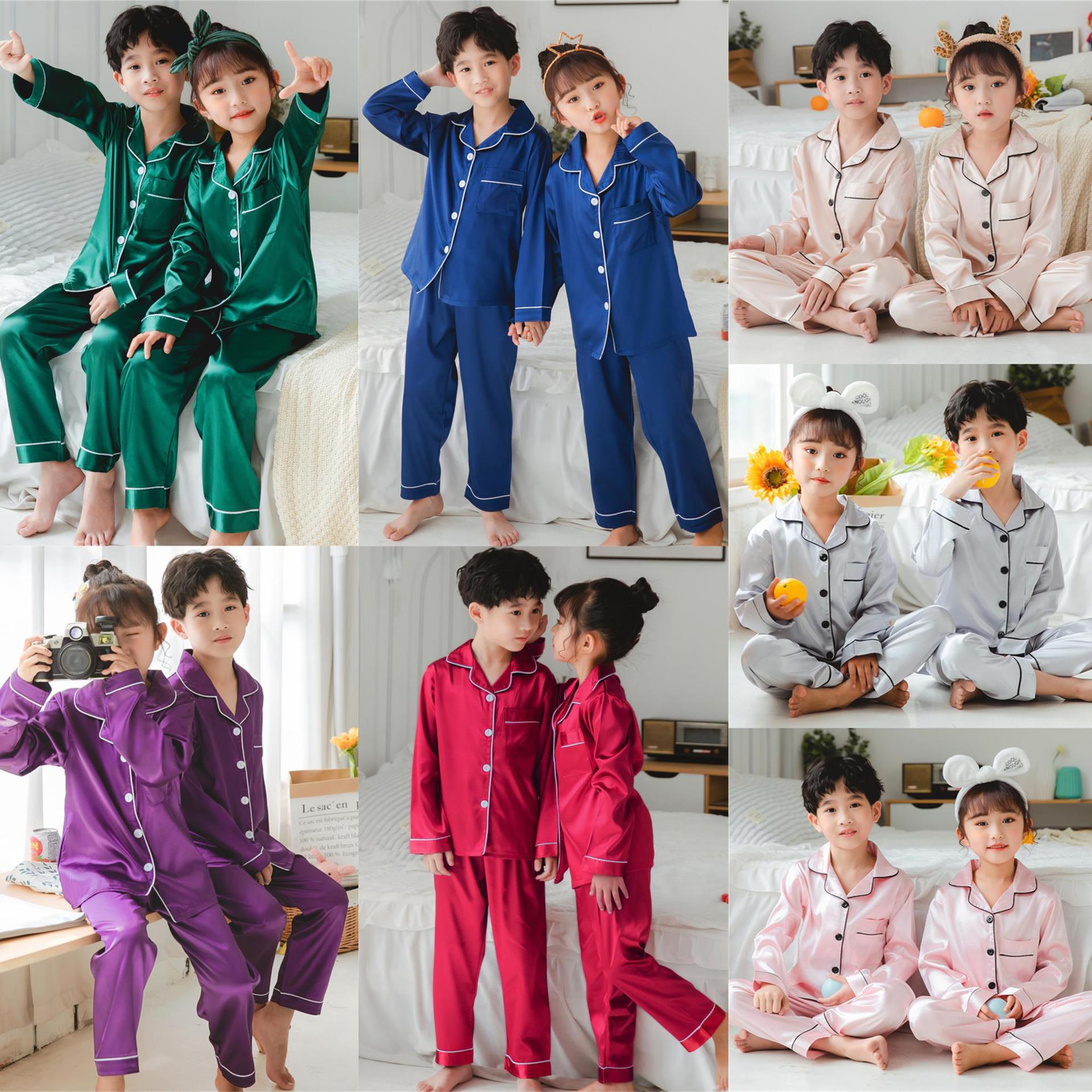 Children's Pajamas Spring Summer Autumn Boy's and Girl's Imitation Silk Ice Silk Long Sleeve Trousers Big Children's Double Long Children's Wear Home Clothes