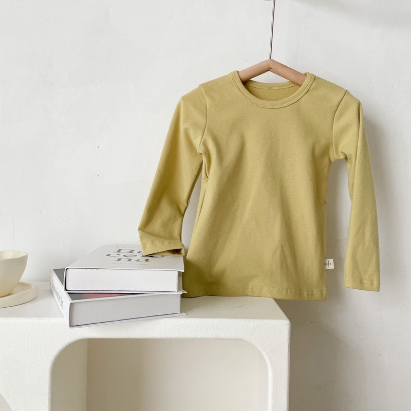 Picture of 2023 Children's Cotton Long-sleeved T-shirt Base Shirt Spring and Autumn Loose Solid Color Round Neck Sanding Top for Boys and Girls