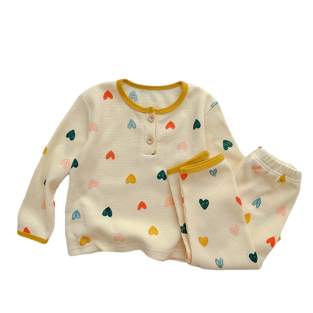 Picture of Children's Pajamas Girls' Home Clothes Boys' Cartoon Pure Cotton Waffle Suit Korean peekaboo Sleepsuit