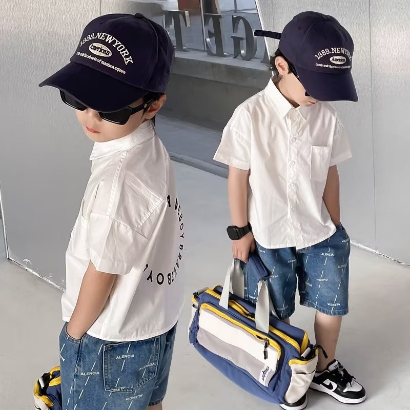 Picture of 2024 boys' shirt summer short-sleeved T-shirt middle and big children's shirt thin handsome trendy cool boys' all-match printed children's clothing