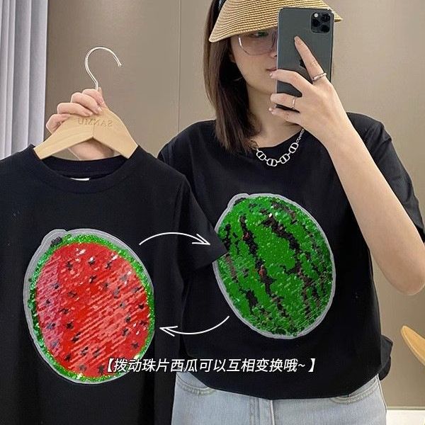 Double-sided sequined parent-child clothing for a family of three summer T-shirt 2025 new flip bead watermelon mother-child children's clothing