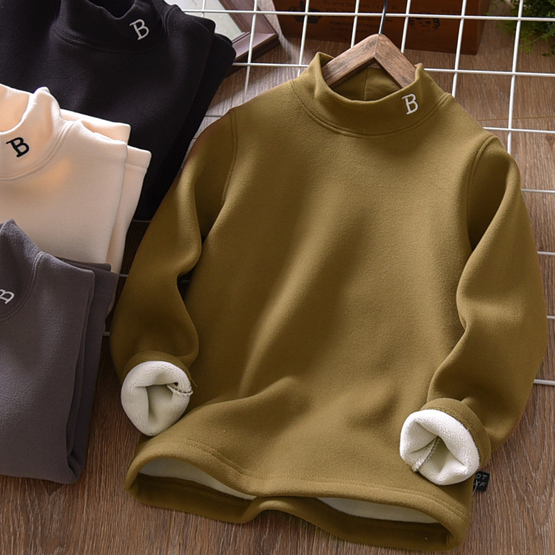Picture of Boys' Velvet Autumn and Winter Half-high Collar Warm Clothes Winter fleece-lined Thickened Children's Solid Color Base Shirt for Boys