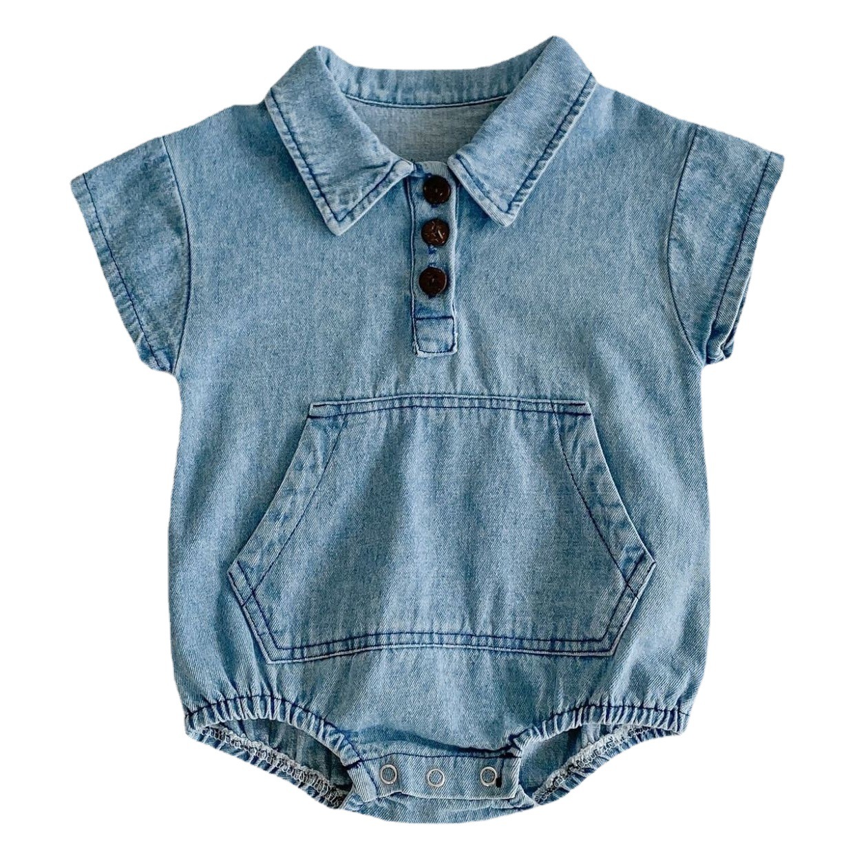 Ins2025 Korean Style Summer Style Infant Girl Baby Jumpsuit Cotton Denim Short-Sleeved Large Flap Pocket Pants Romper
