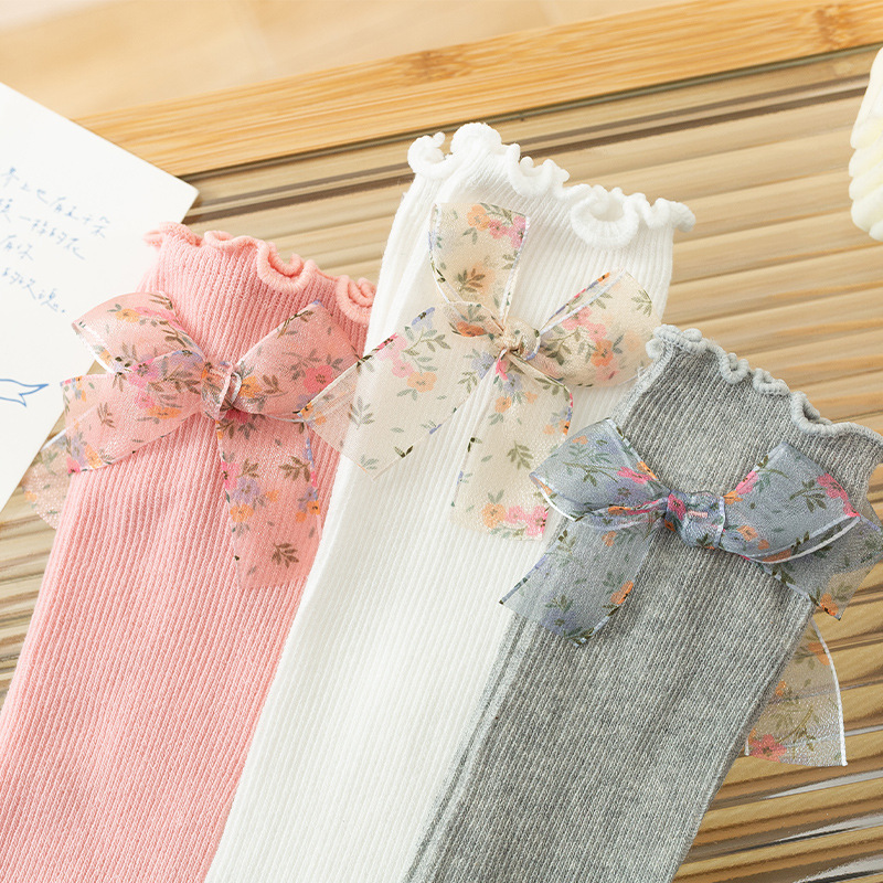 Picture of Girls' mid-calf socks Korean style children's calf socks little girl bow lace socks Western style baby long socks