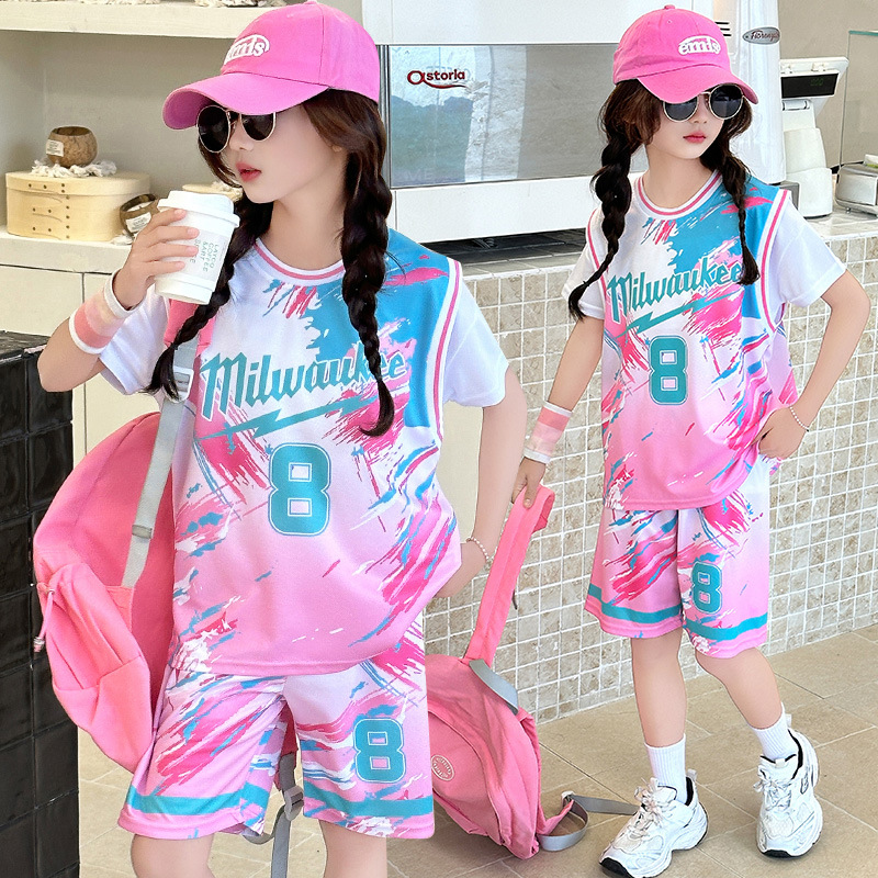 Summer Children's Short-Sleeved Basketball Uniform Suit Jersey Boys and Girls Youth Quick-Drying Sportswear Shorts Two-Piece Set