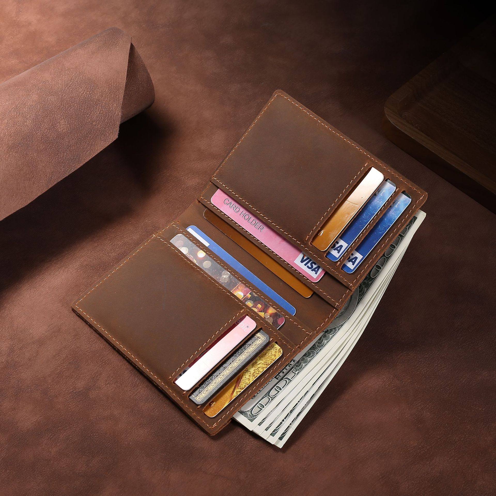 Picture of Wholesale multi-functional tri-fold wallet men's genuine leather vintage clutch explosive large capacity crazy horse leather long wallet