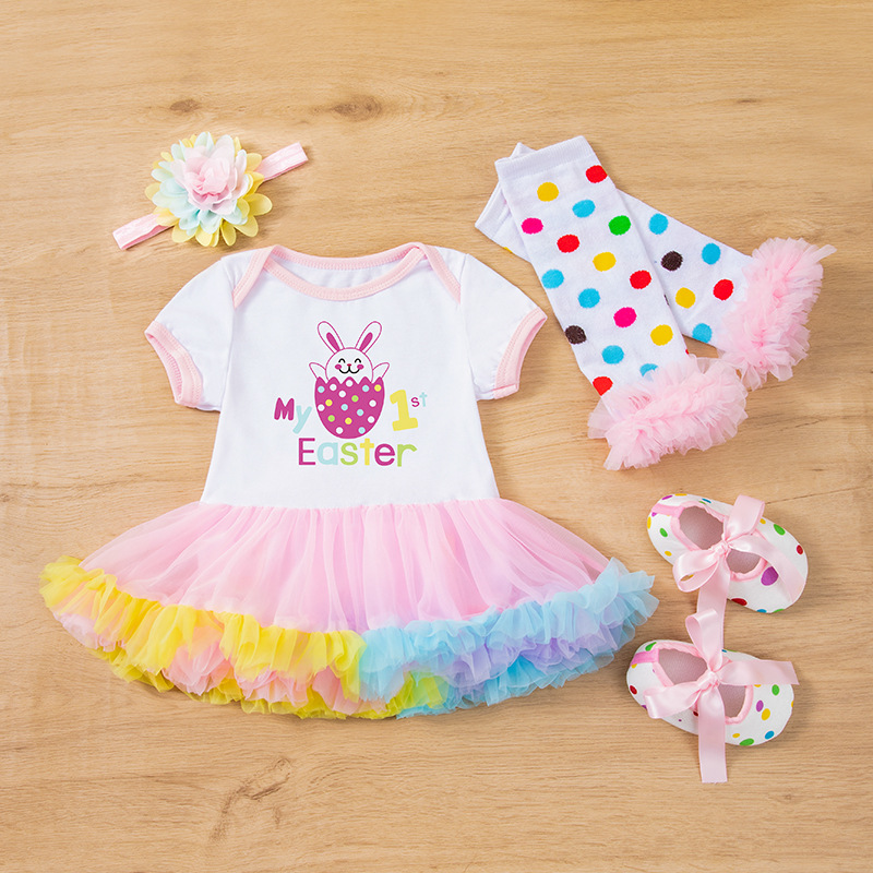 Picture of Children's Clothing Baby Easter Party Dress up 4-Piece Set Printed Letter Egg Four-Color Robe Dress Baby Girl