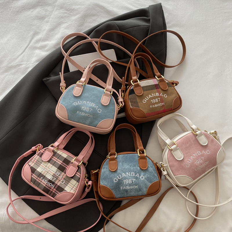 Early Spring New Retro Mini Children's Bag Stitching Handbag Personalized Bowling Design Girl Casual Shoulder Bag