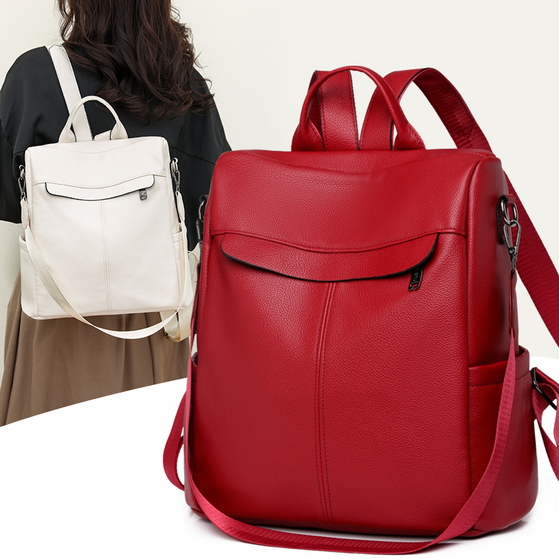 Fashion Retro Large Capacity Multi-function Backpack Women's Casual Lightweight PU Soft Leather Backpack Fashionable All-match Student Schoolbag