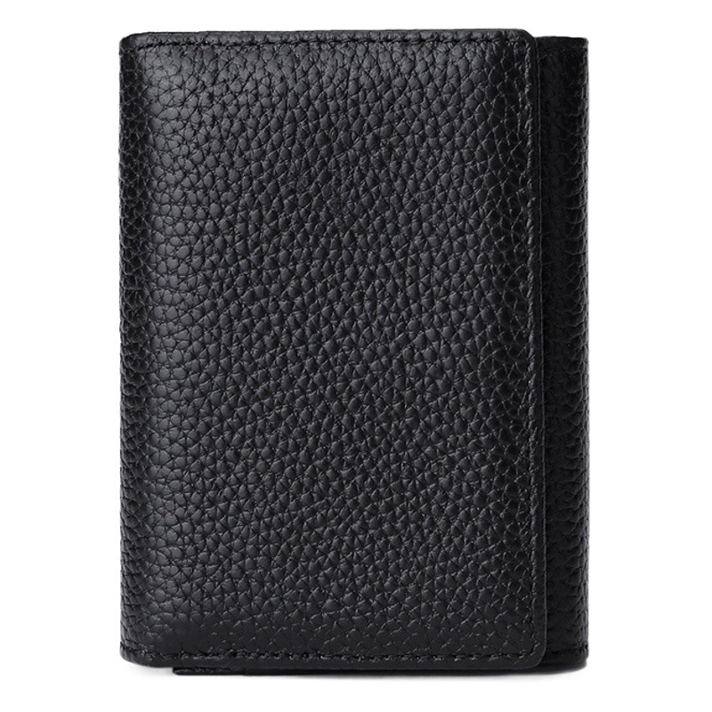 Genuine Leather Organ Card Holder RFID Anti-theft Card Holder Men's Buckle Litchi Pattern Top Layer Cowhide Wallet Compact Card Holder