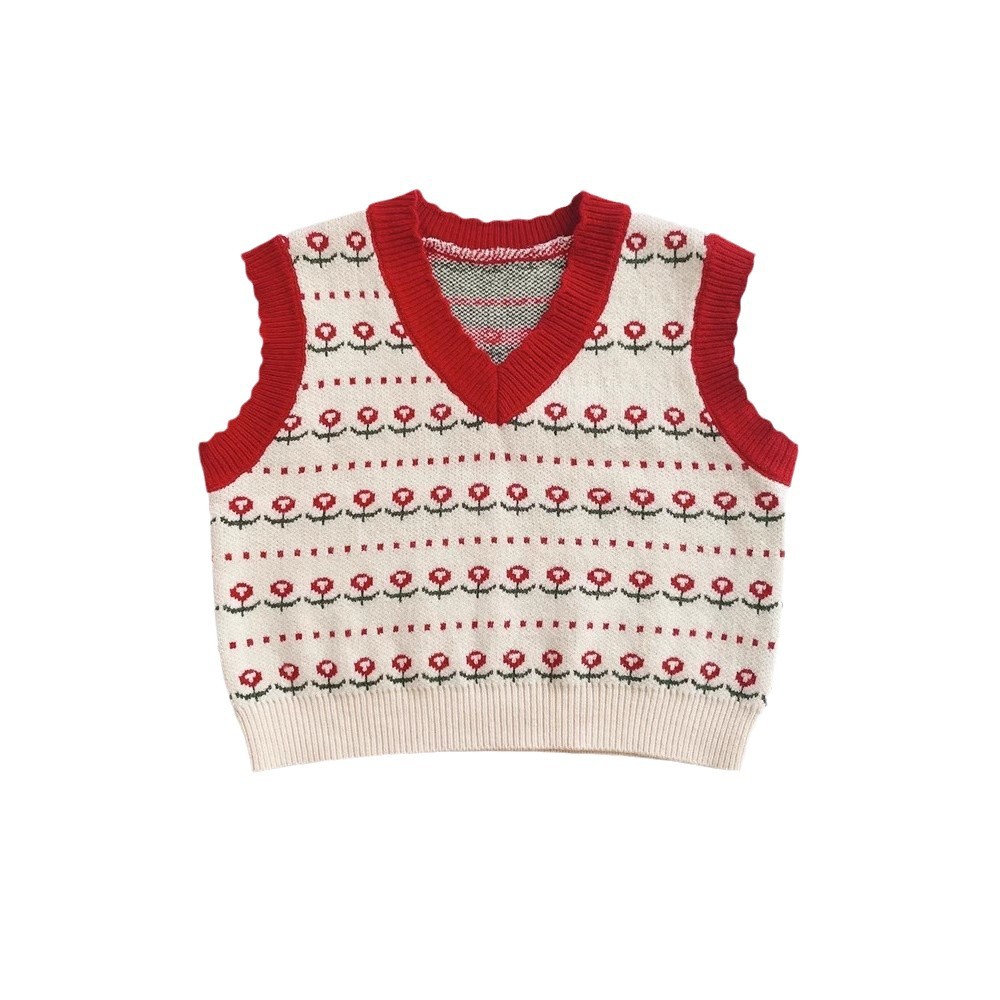 Picture of Korean Style Waistcoat Girls' Knitted Vest Spring and Autumn Outer Wear Sweater V-Neck Children's Waistcoat Children's Flower Waistcoat